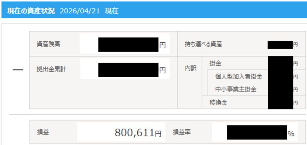 iDeCoの運用実績（2019年開始・2026年時点で評価益800,611円の実績）