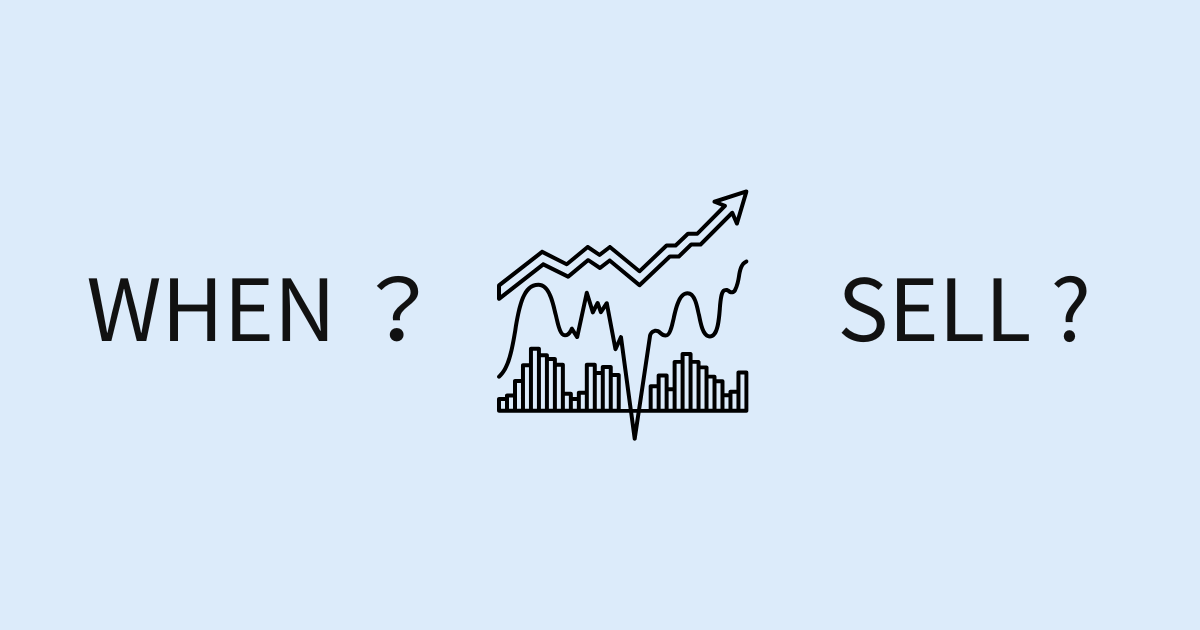 投資商品の売り時を考えるイメージ図（WHENとSELLの文字と価格チャート）