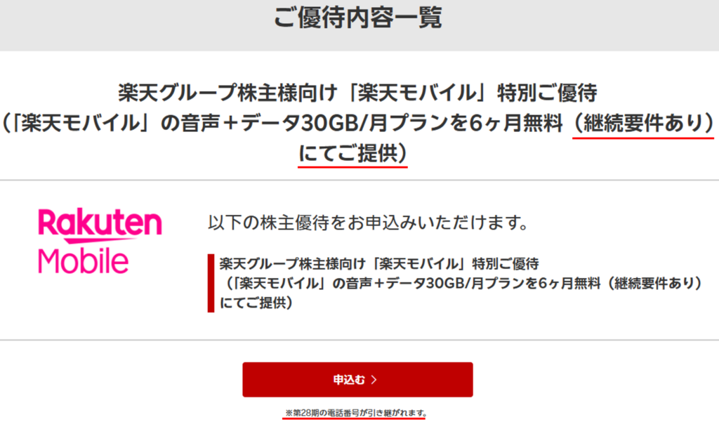 楽天株主優待の申込画面（楽天モバイル30GBプラン6か月無料）