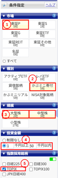 楽天証券のスーパースクリーナーで検索条件(東証プライム・大型株・TOPIX・投資金額など)を設定した画面