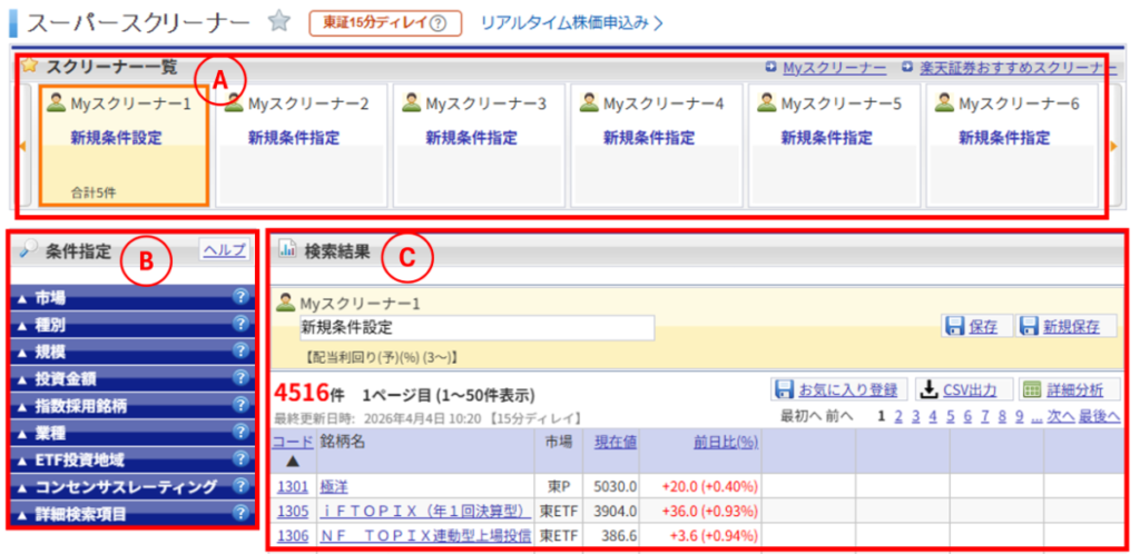 楽天証券の銘柄検索ツール「スーパースクリーナー」の画面構成(検索条件・結果の表示)